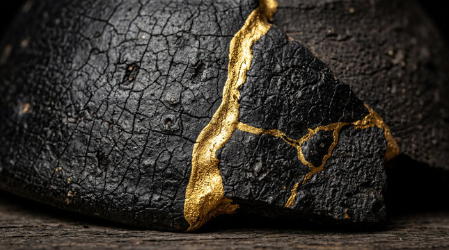Kintsugi poterie raku or noir macro