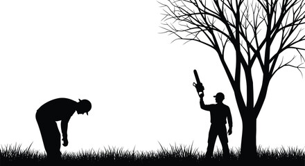 Obraz premium Hunter silhouette with rifle near tree and exhausted man in grass isolated on white background vector illustration