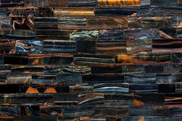 Fotobehang Marmer Tiger Eye Blue slab. Semiprecious stone for ceramic wall and floor digital tiles. Exclusive luxury gemstone background, texture. Matt natural semi precious mineral pattern. luxury gemstone background.  © Dmytro Synelnychenko