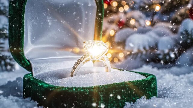 Velvet ring box with diamond engagement ring in winter outdoor sparkle setting symbolizing magical wedding proposal Video 4K UHD 60fps