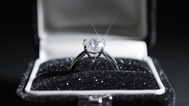 Closed velvet ring box in dramatic lighting representing anticipation before wedding proposal Video 4K UHD 60fps