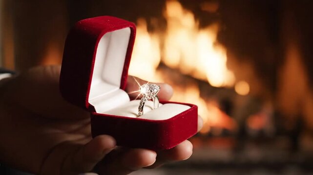 Velvet ring box opened with diamond engagement ring against cozy fireplace background Video 4K UHD 60fps