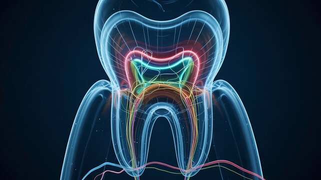 Tooth Anatomy X-ray View with Colorful Root Canals and Dental Structure Illustration