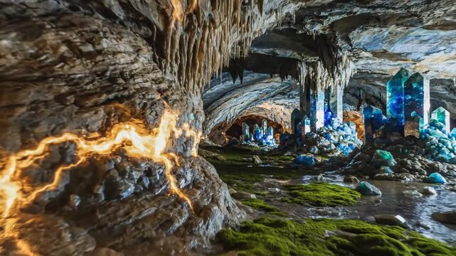 Cavernous crystal chamber with glowing mineral formations and molten vein luminescence