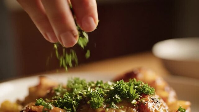 Close-up of a chefs hand sprinkling fresh green herbs over a gourmet dish, adding a final touch of flavor and garnish to the meal.