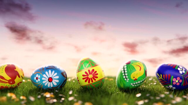 Colorful decorated easter eggs rolling on spring meadow at sunset. Endless loop.