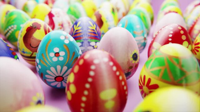 Colorful collection of traditionally painted easter eggs with folk patterns celebrating spring