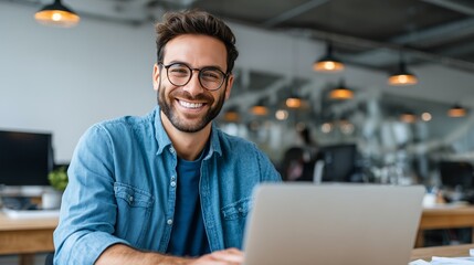 Obraz premium In a stylish, up-to-date office environment, a happy businessman grins as he focuses on his open notebook device