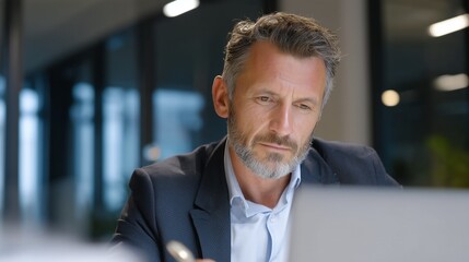 Fototapeta premium Concentrated businessman reviewing documents at desk