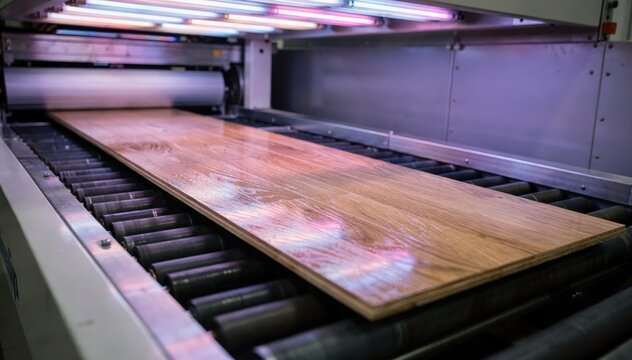 Medium shot of a wood flooring piece moving through a UV curing tunnel capturing the quick drying process of highsolids coatings under intense ultraviolet light.