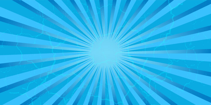 Comic background. Pop art texture. Starburst cartoon style. Anime design with explosion effect for print. Fun dot pattern. Blue backdrop with halftone gradient. Funny line frame. Vector illustration