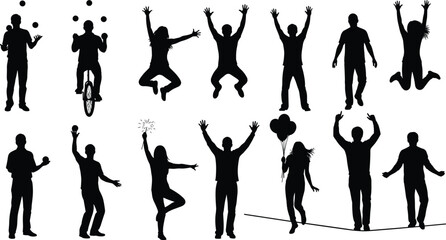 Human silhouette collection, juggling, dancing, unicycle, tightrope, expressive poses, black vector illustration, motion design, circus theme, playful movement, minimal style © MdMeherul