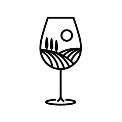 Naklejka premium A minimalist line art illustration of a wine glass with a vineyard landscape, trees, and sun inside.