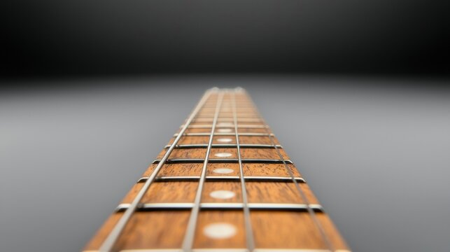 A close-up view of a guitar neck, showcasing the fretboard, tuning pegs, and sound hole.