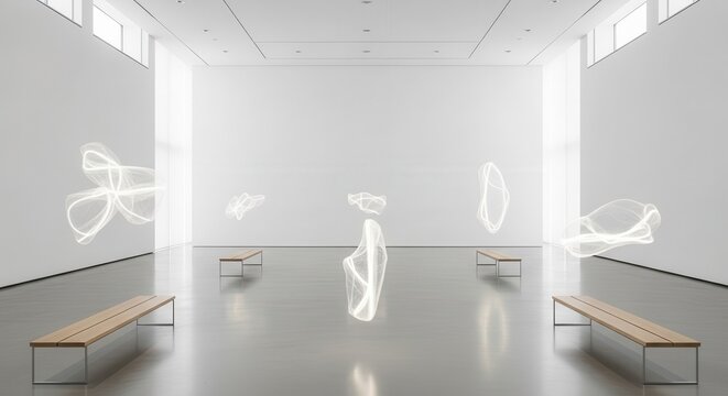 Contemporary art installation features luminous, abstract light forms suspended within a minimalist gallery space