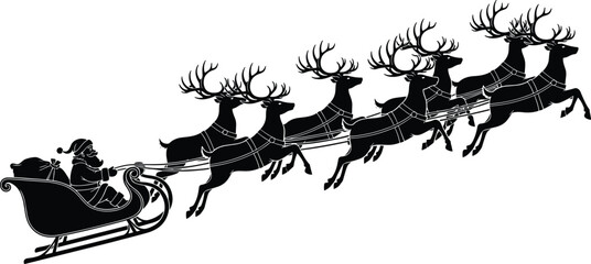 Santa sleigh silhouette with flying reindeer team, Christmas night delivery scene, festive holiday black vector illustration for greeting cards, posters, seasonal design © MdMeherul