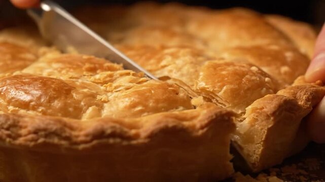 Close-up of a golden-brown pie being sliced with a knife, revealing its flaky crust and delicious filling.