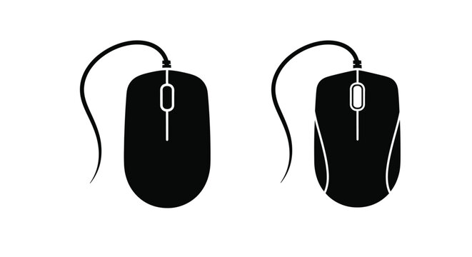 Two computer mice presented side by side in black silhouette