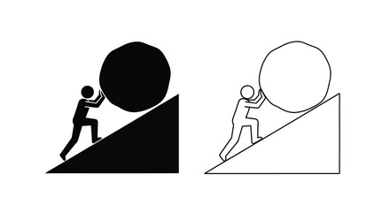 Sisyphus pushing a boulder up a hill depicted in contrasting styles silhouette © MDSAJIB