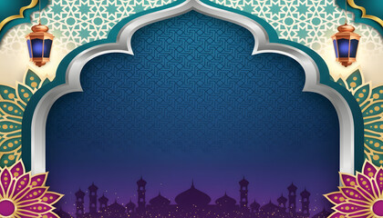 Premium Islamic Decorative Arch with Golden Details and Mosque Outline