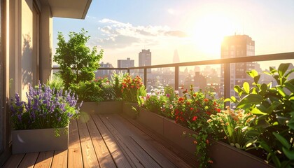 Fototapeta premium Urban Balcony Oasis with Blooming Flowers and City Views at Sunset - Sustainable City Living.