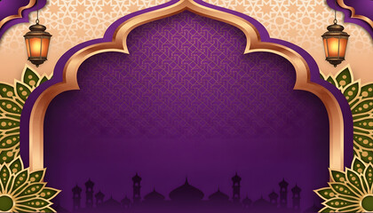 Elegant Islamic Arch Background with Gold Ornament and Mosque Silhouette