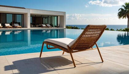 Obraz premium Luxury Resort Relaxation by the Poolside with a Wicker Sunbed and Ocean View for Tropical Holidays.