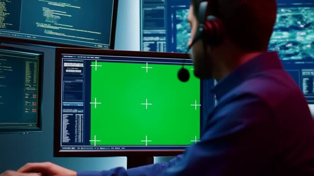 Man in a blue shirt working on a computer with a green screen in a dark room with multiple monitors.