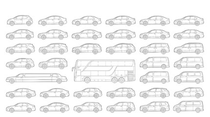 CAD Vehicle Drawing Vector Set Car Bus Minibus Side View Outline Silhouette Collection