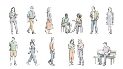 CAD Casual People Outline Vector Set Standing Urban Character Transparent Background