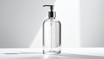 Obraz premium Clear Plastic Bottle with Dispenser for Sanitizer or Liquid Soap in Minimalist Setting.