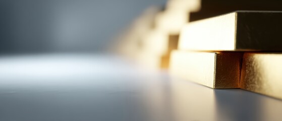 A stack of gold bars in the distance, blurred, with a single sharp gold bar in the foreground corner, large empty space