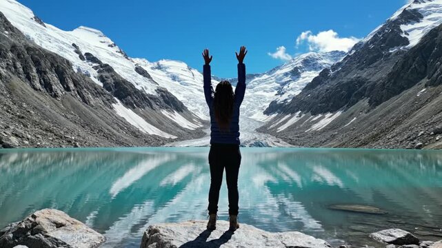A solitary individual stands on a rocky outcrop by a stunning glacial lake, raising their arms in a gesture of triumph and exhilaration. The vibrant turquoise water of the lake beautifully reflects th