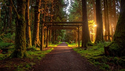 Enchanted Forest Path with Sunlight Streaming Through the Trees for a Dreamy and Peaceful Landscape.