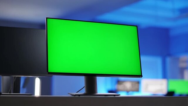 Close-up of a computer monitor with a bright green screen on a desk in a dimly lit office with blue lighting.