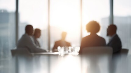Fototapeta premium Realistic photo of a diverse business team having a productive meeting in a sunlit glass boardroom, modern office interior, teamwork and collaboration
