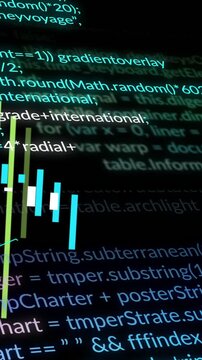 Vertical video: Camera dollying down starting code pan bars rising and red waveform mapping trends