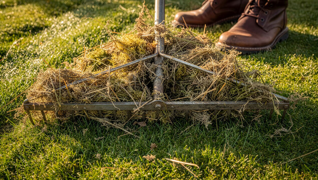 Raking Large Pile of Dead Grass Thatch After Lawn Scarification