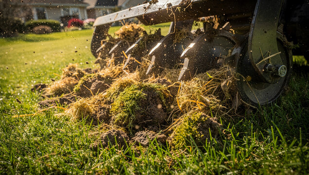 Macro of Lawn Scarifier Blades Removing Dry Thatch and Moss