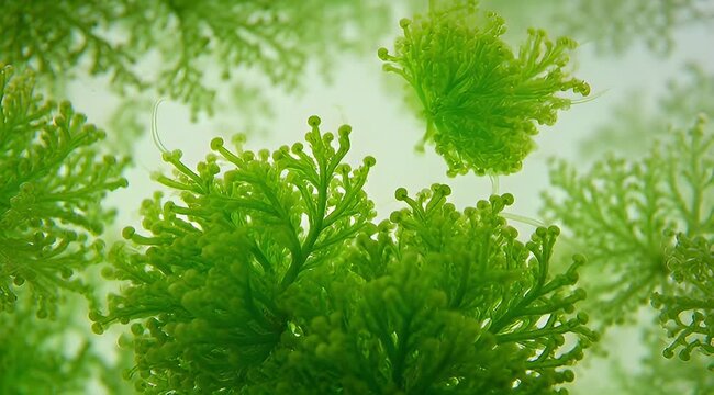 Close up of floating aquatic plant Azolla filiculoides with bright green color
