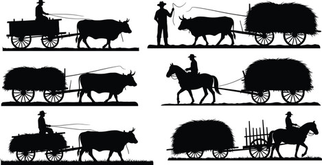 Ox cart silhouette, horse cart, rural farming, agricultural transport, traditional village life, hay load, countryside heritage, manual labor, black outline illustration © Creative Mind