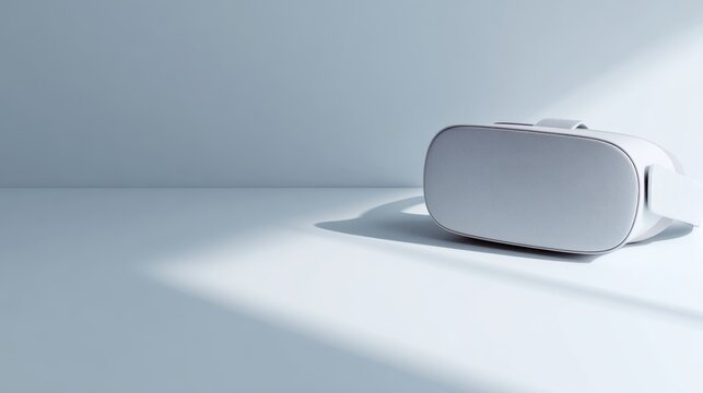 Shot of a VR headset on a clean white desk, isolated with soft shadows, plenty of room for tech text