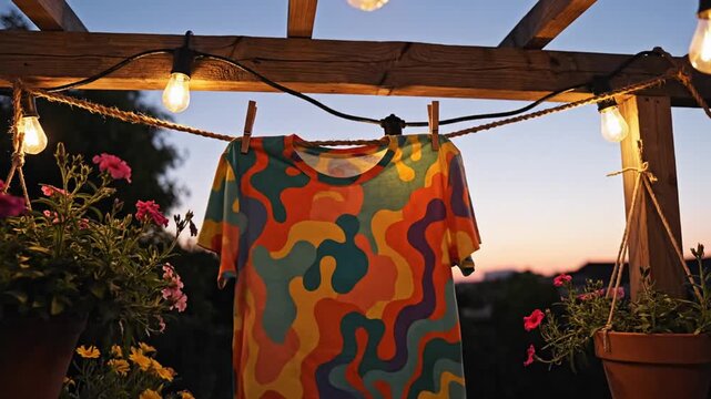 Colorful patterned t shirt hanging on clothesline in warm evening garden glow