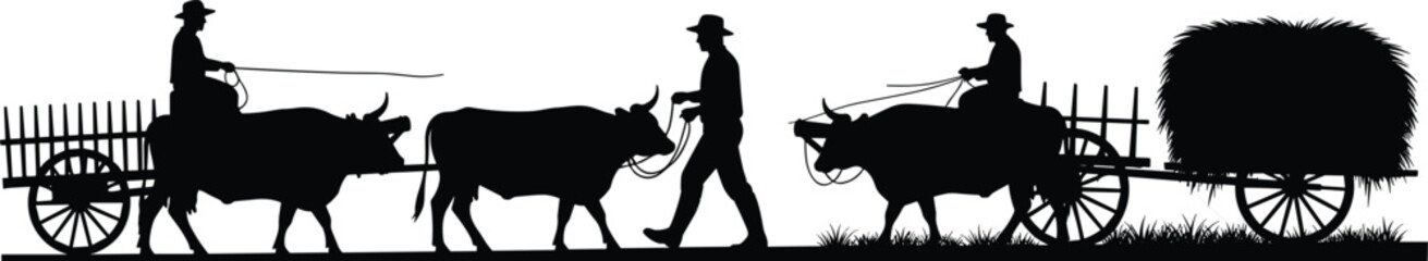 Ox cart silhouette, rural transportation, traditional farming, agricultural scene, manual labor, hay load, countryside life, village culture, black outline design, heritage © Creative Mind
