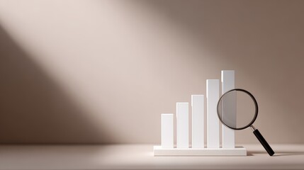 Obraz premium Minimalist background of a white desk with a magnifying glass enlarging a rising bar chart, analysis and research