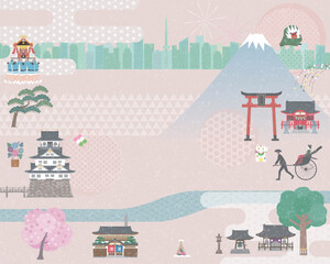 江戸東京のレトロな季節の風物、建物のイラスト背景