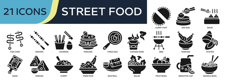 Collection of Street Food icons, related to Dim Sum, Fish Cake, Skewer, Pancake, Bbq and more. Glyph icons vector illustation.