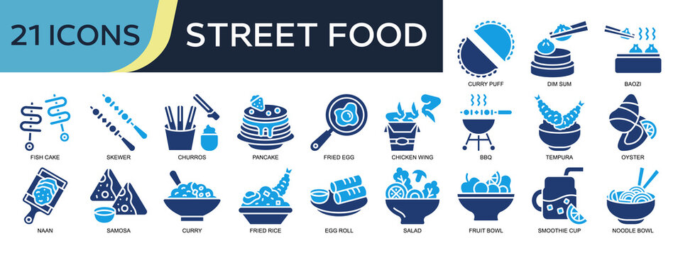 Collection of Street Food icons, related to Dim Sum, Fish Cake, Skewer, Pancake, Bbq and more. Solid icons vector illustation.