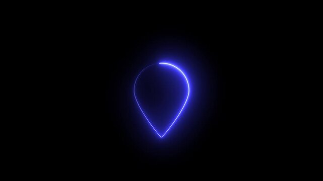 Blue neon glowing location map pin icon animation on a dark background.with video animation.