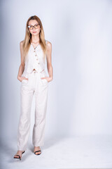 The model is posing for a fashion photo.